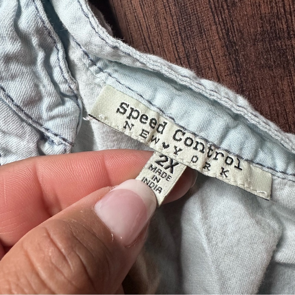Speed Control Light Blue Waist Tie Chambray Button Down Dress - Picture 3 of 4